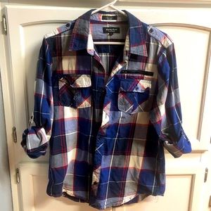 Large multi blue plaid button up shirt